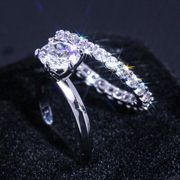 "Beautiful 925 Silver Plated 2 Pcs CZ Wedding Ring, FB16FA1067 - Picture 2 of 7